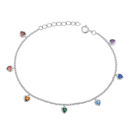 Silver Multi Colored CZ Heart Bracelet