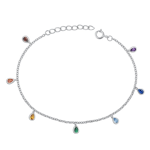 Silver Teardrop Multi Colored CZ Bracelet