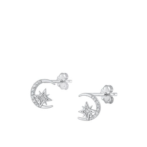 Silver Moon & Star CZ Earrings