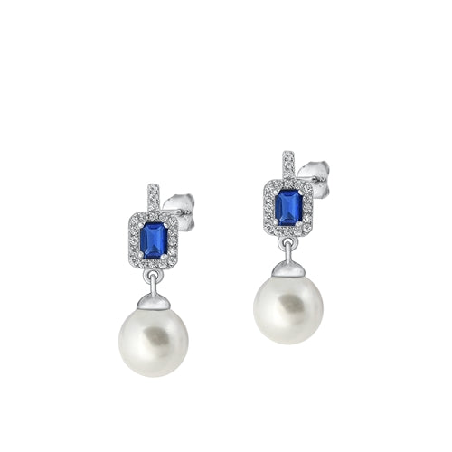 Silver Pearl Blue Clear CZ Earrings