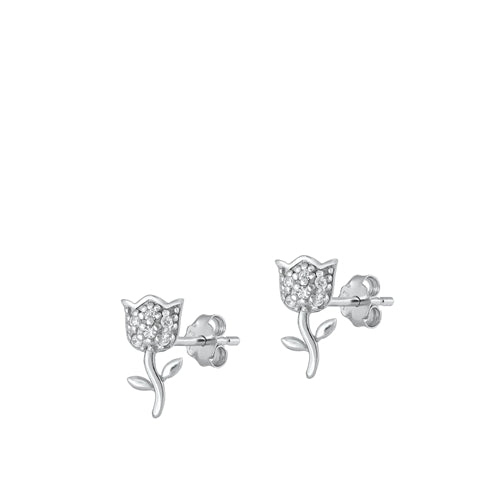 Silver Tulip Flower CZ Earrings