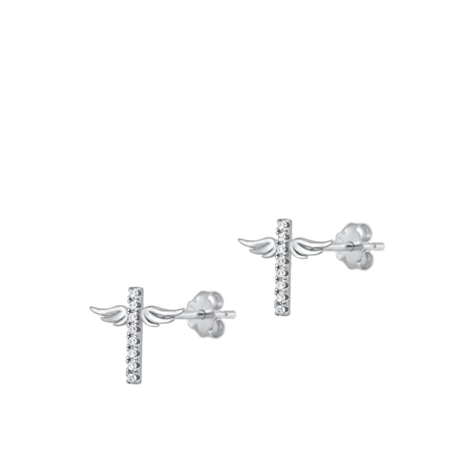 Silver Winged Cross CZ Earrings