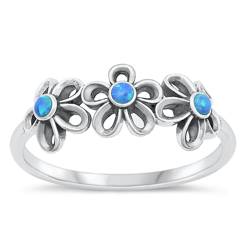 Silver Blue Opal Flowers Ring