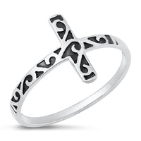 Silver Sideways Cross with Filigree Ring